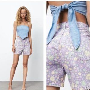 NEW! ZARA Floral High Waisted Denim 70s Shorts Lilac, Size US 2 (EU 34)